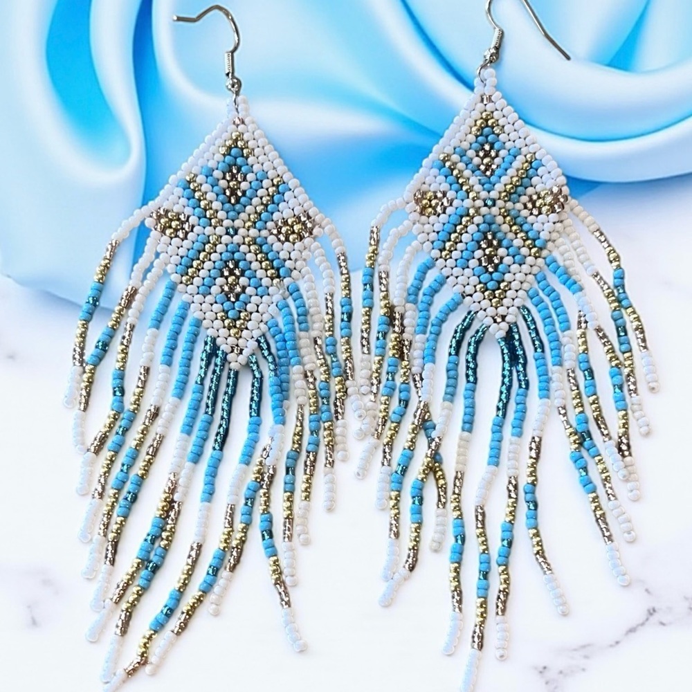 Southwestern Handbeaded Beaded Fringe Earrings - Picture 3 of 11
